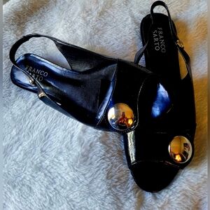 Franco Sarto Black and Gold Sandals with Sleek Metallic Design